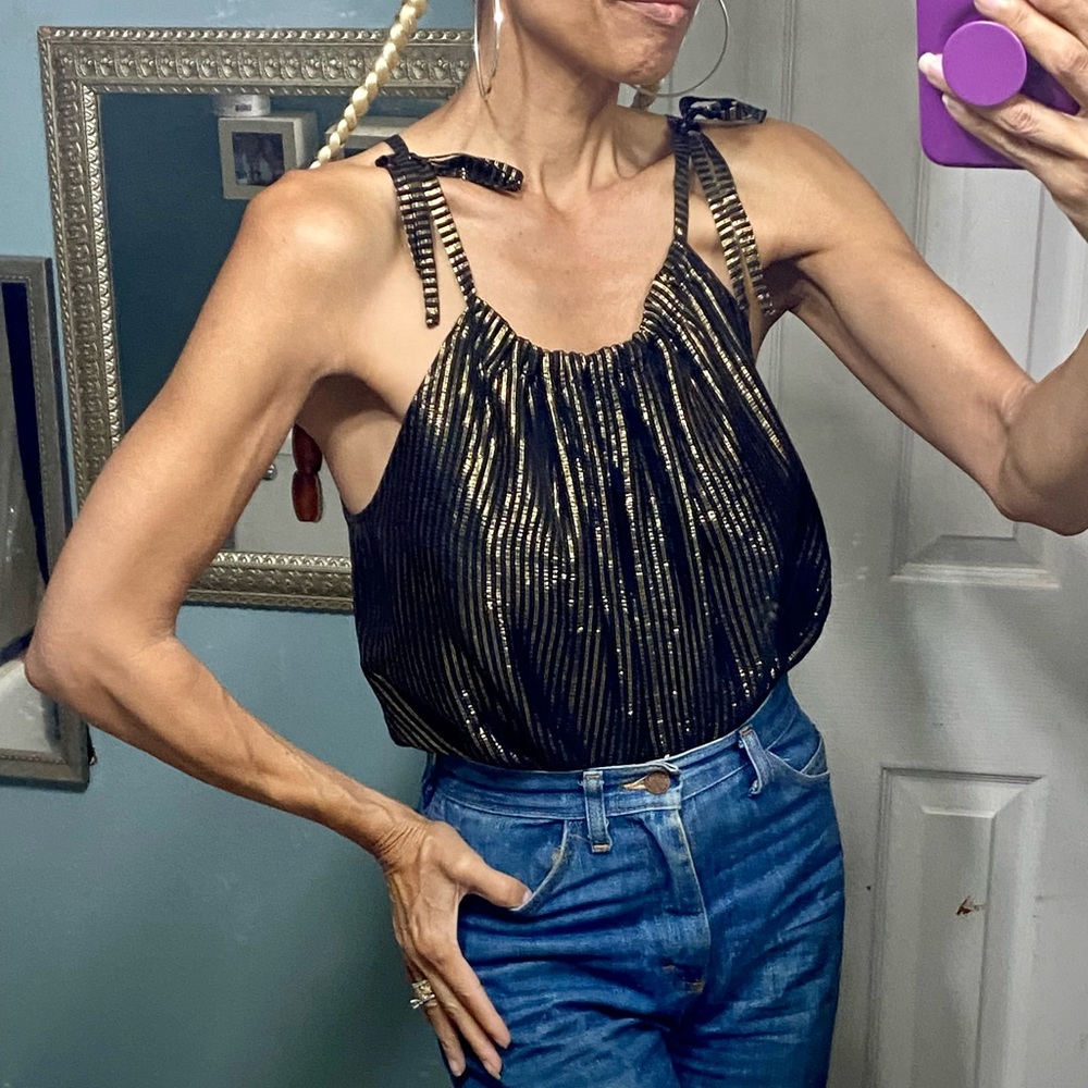 Madewell gold lame shoulder tie cami tank top w/ disco stripe metallic